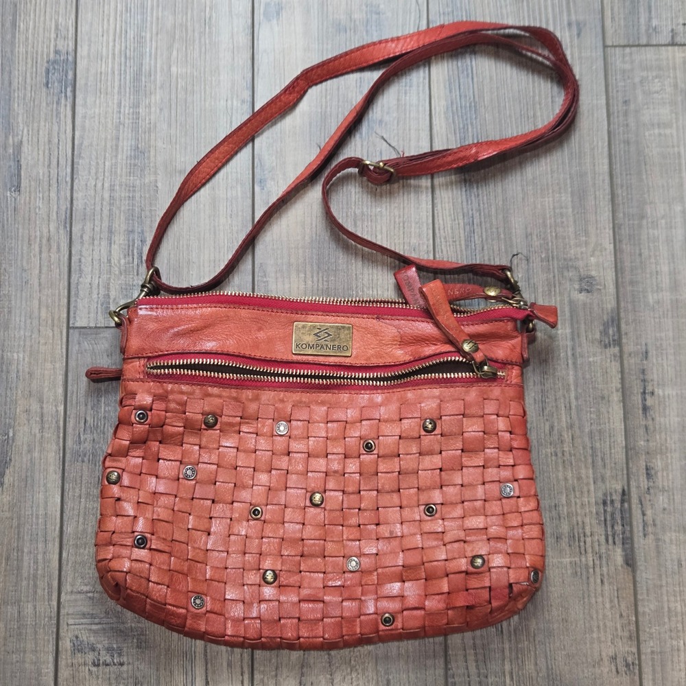 Vintage Kompanaero Red Woven Leather Crossbody Bag Studded Boho Western Indie